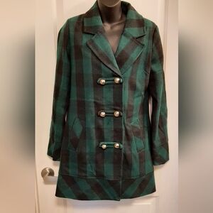 Tulle ANTHROPOLOGIE Women's Green Checked Wool Blend Jacket Pea Coat Size Small
